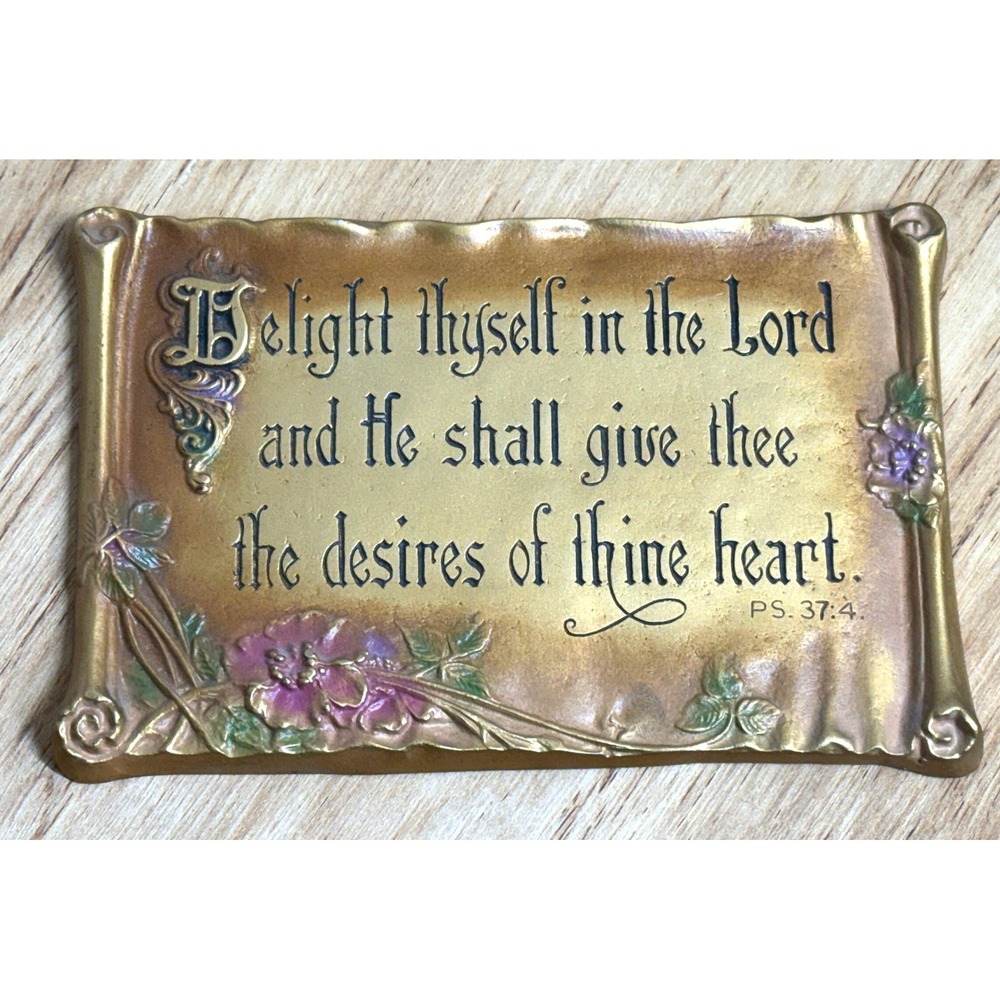 Vintage 1928 AE Mitchell Art Co Metal Scripture Wall Plaque Psalm 37:4 Gold 9in